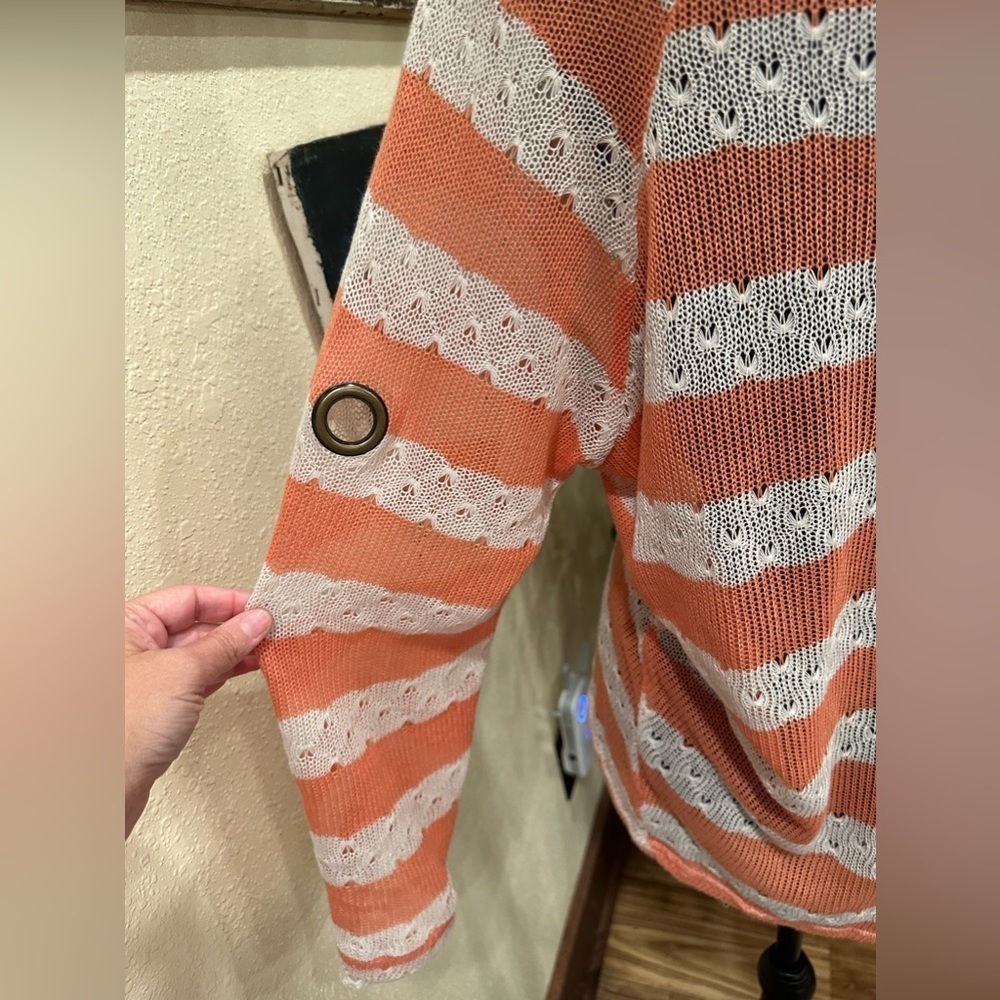 EUC UMGEE light sweater v neck orange white stripes long sleeve Sz M - Picture 7 of 11